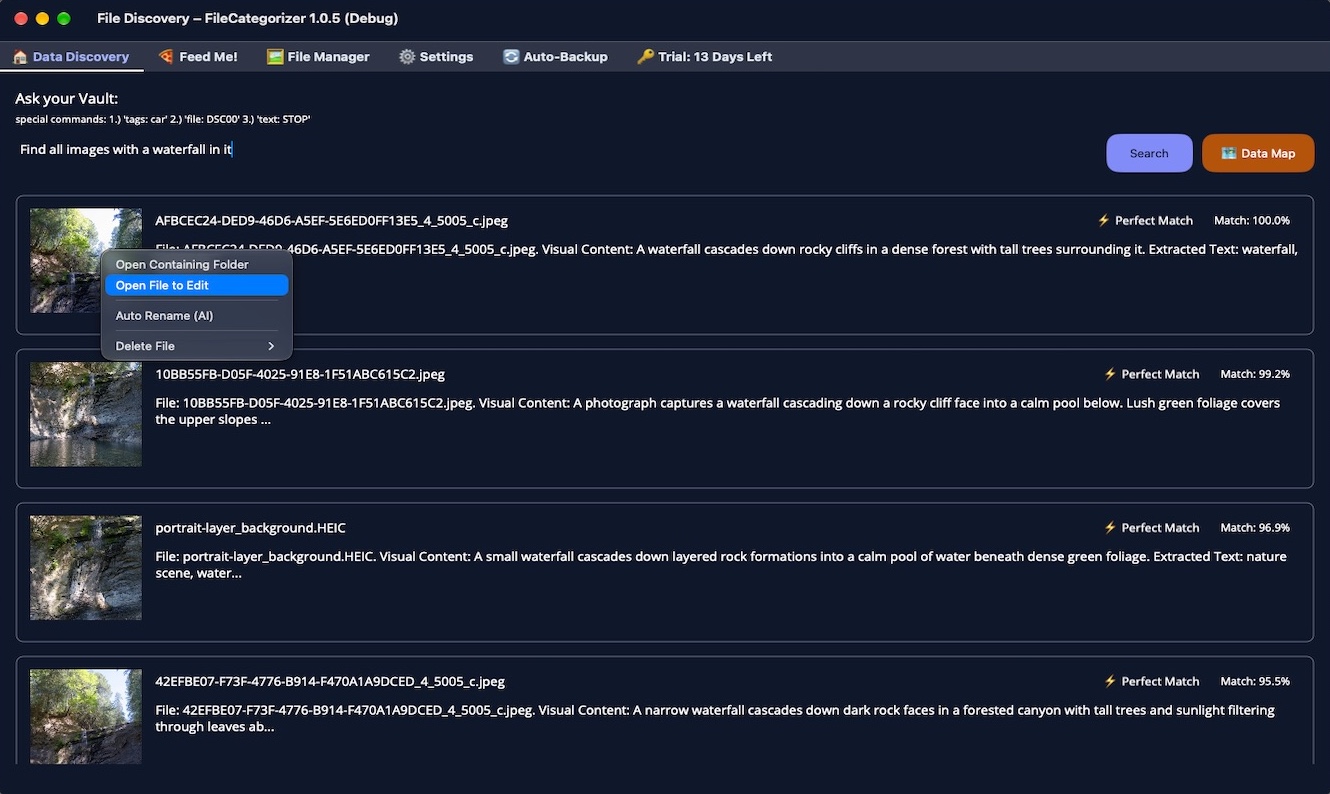 Ask your Vault: find all images with a waterfall